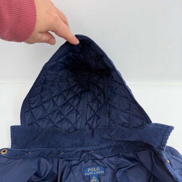 Polo Ralph Lauren Jacket Child Size 6X Blue Hooded Diamond Quilted Corduroy Trim - Picture 9 of 16